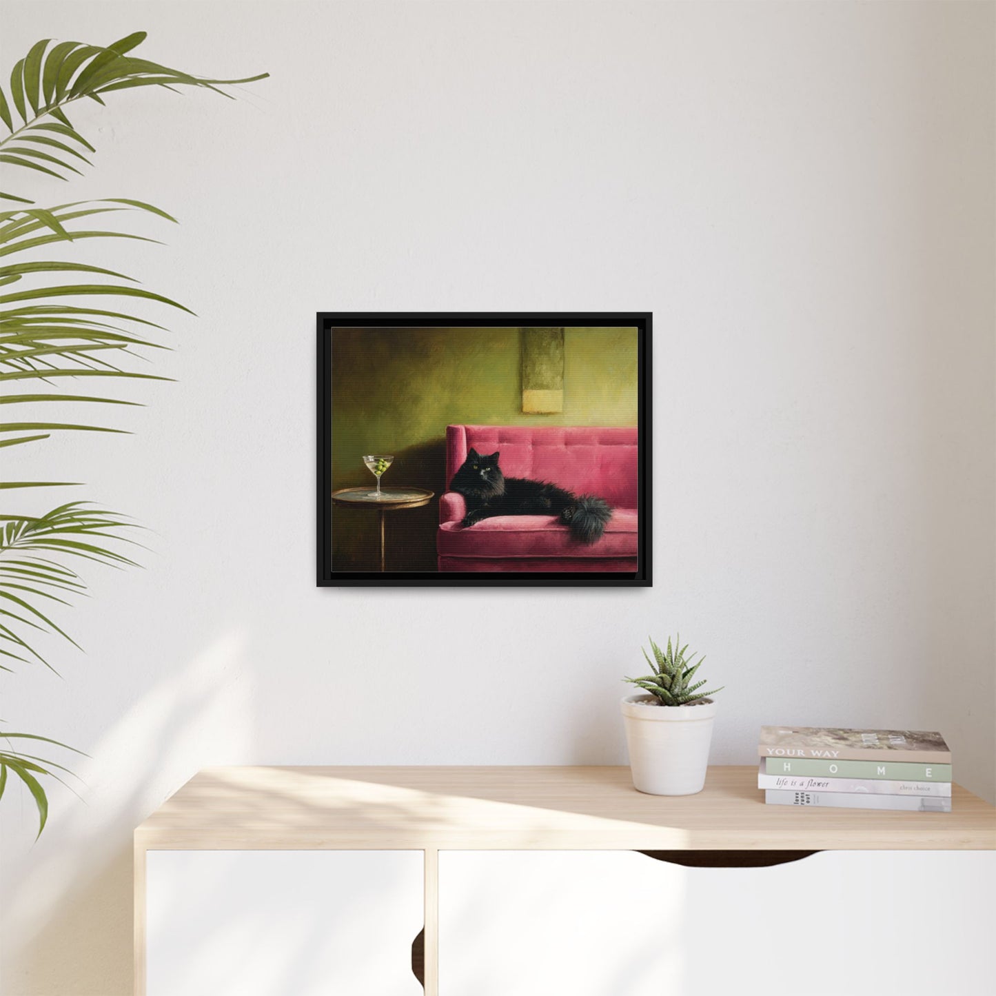 Funny Black Cat on Couch Framed Canvas Wall Art