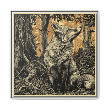 Fox Linoprint Square Framed Canvas Wall Art