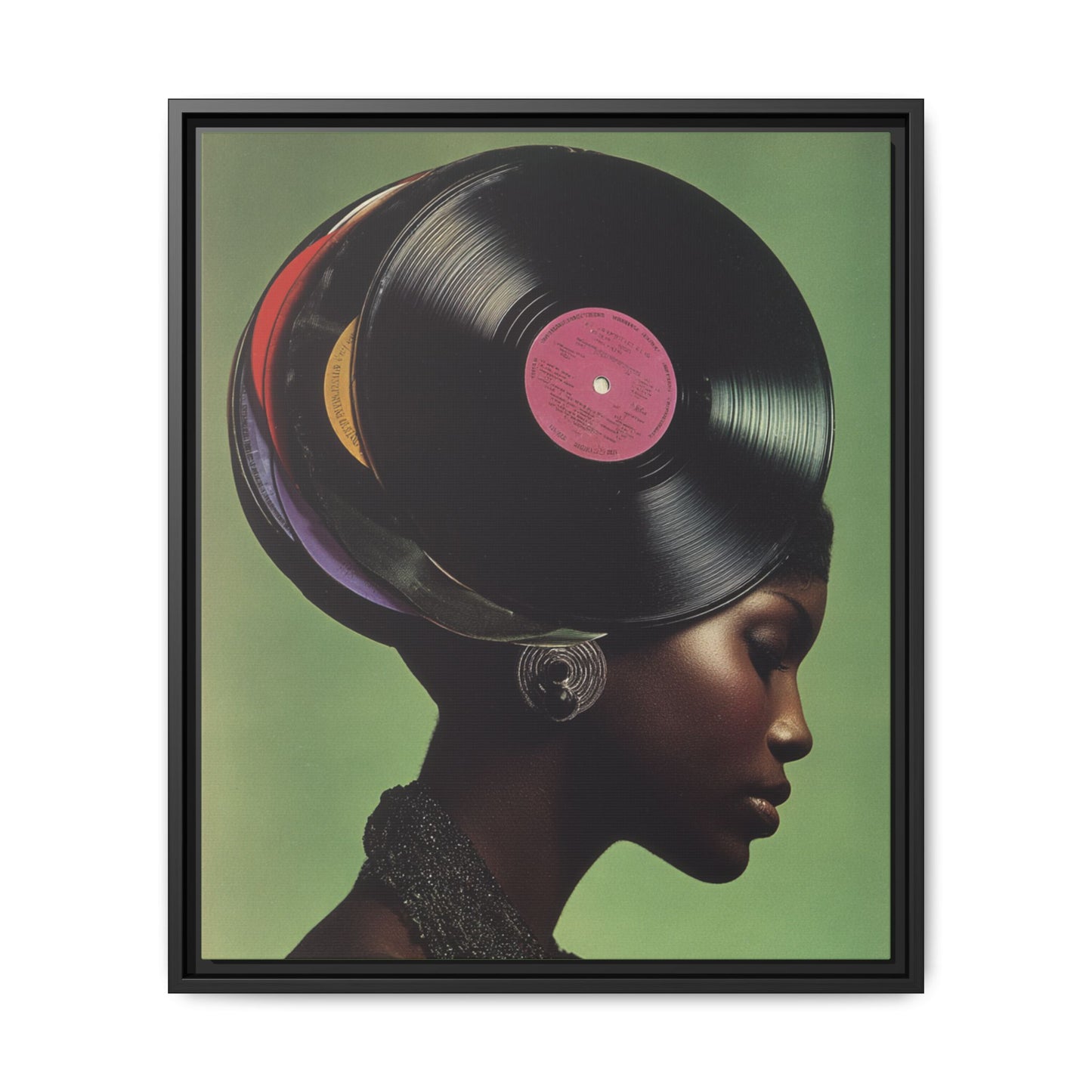 Vinyl Records Black Woman Framed Canvas Wall Art