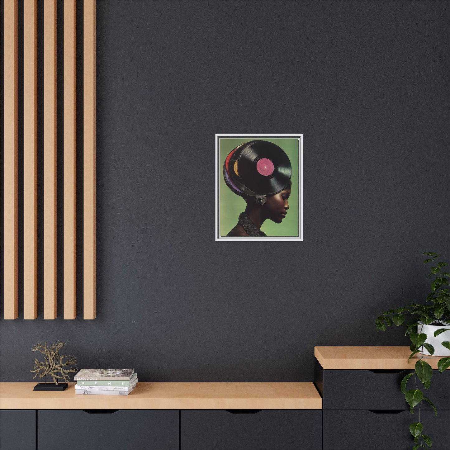 Vinyl Records Black Woman Framed Canvas Wall Art
