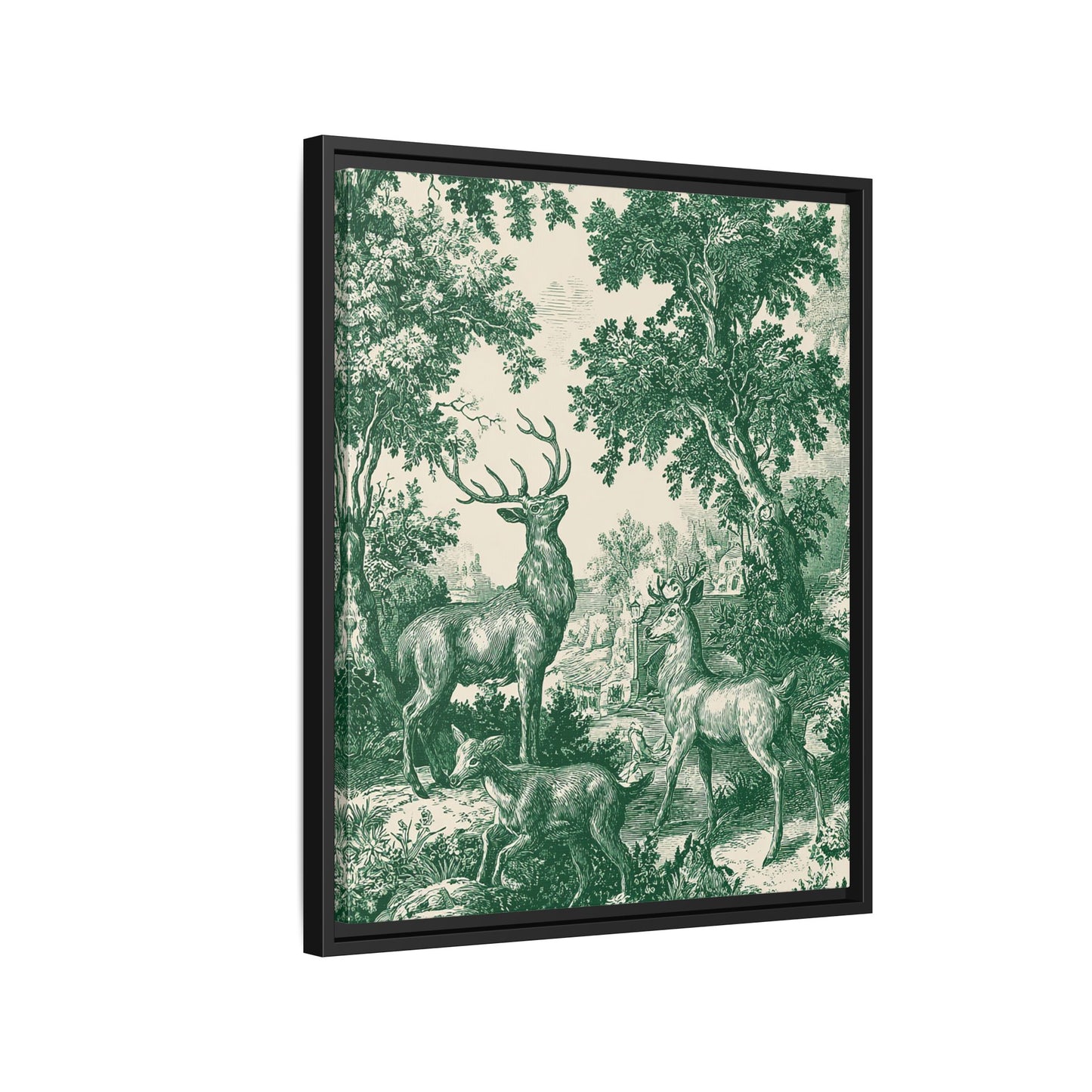 Deer Wildlife Green Toile de Jouy Framed Canvas Wall Art
