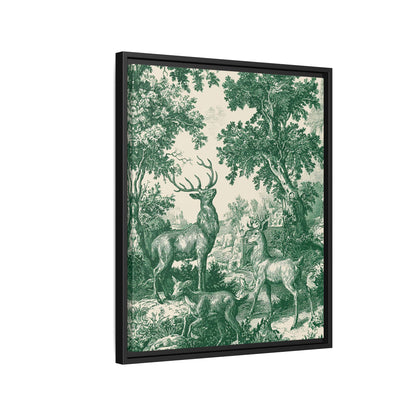 Deer Wildlife Green Toile de Jouy Framed Canvas Wall Art
