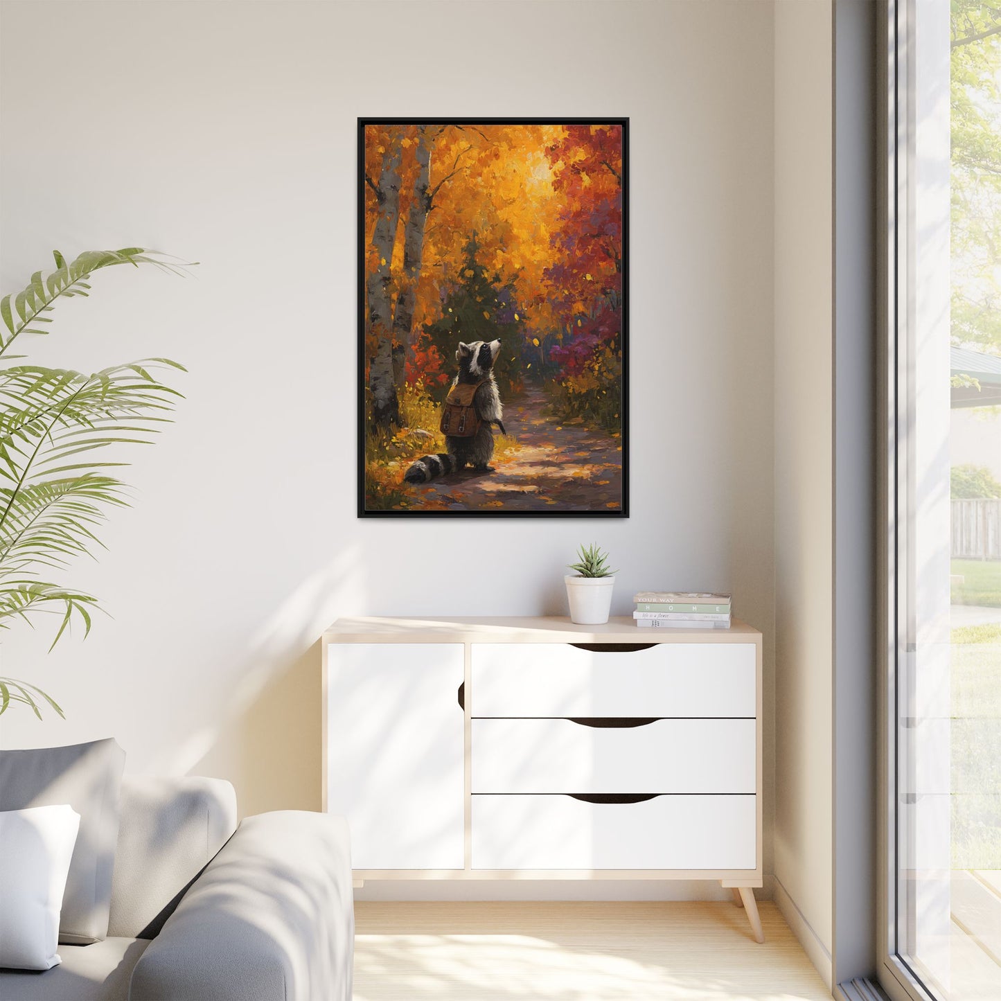 Autumn Raccoon Framed Canvas Wall Art