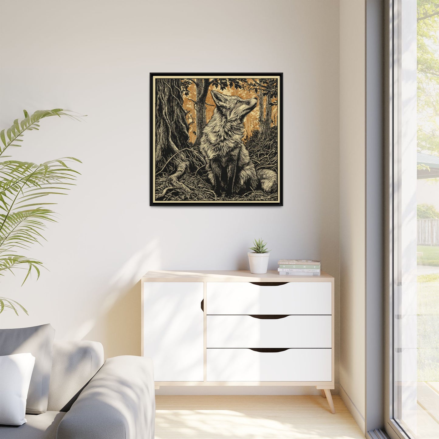 Fox Linoprint Square Framed Canvas Wall Art