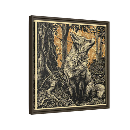 Fox Linoprint Square Framed Canvas Wall Art