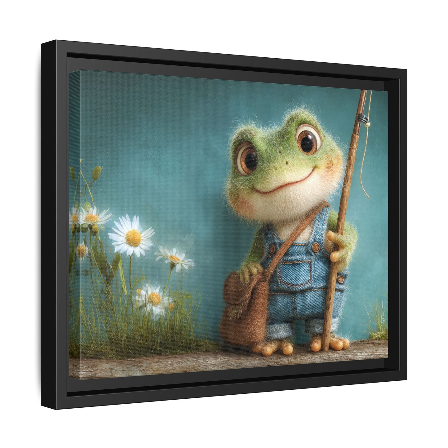 Funny Frog in a Jeans Framed Canvas Wall Art