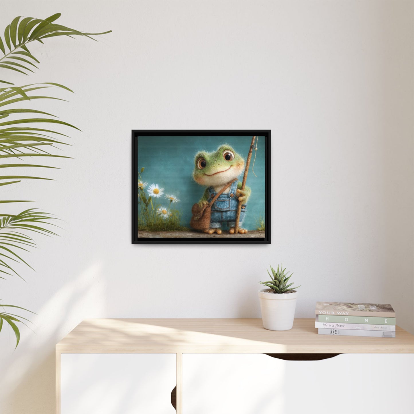 Funny Frog in a Jeans Framed Canvas Wall Art