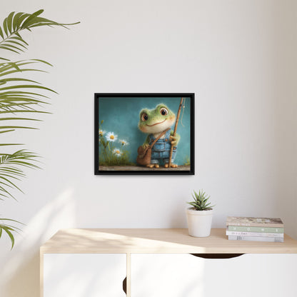 Funny Frog in a Jeans Framed Canvas Wall Art