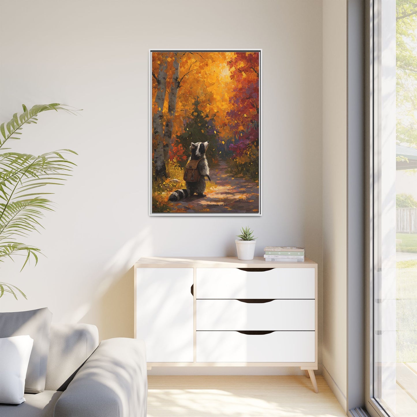 Autumn Raccoon Framed Canvas Wall Art