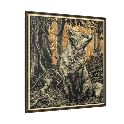Fox Linoprint Square Framed Canvas Wall Art