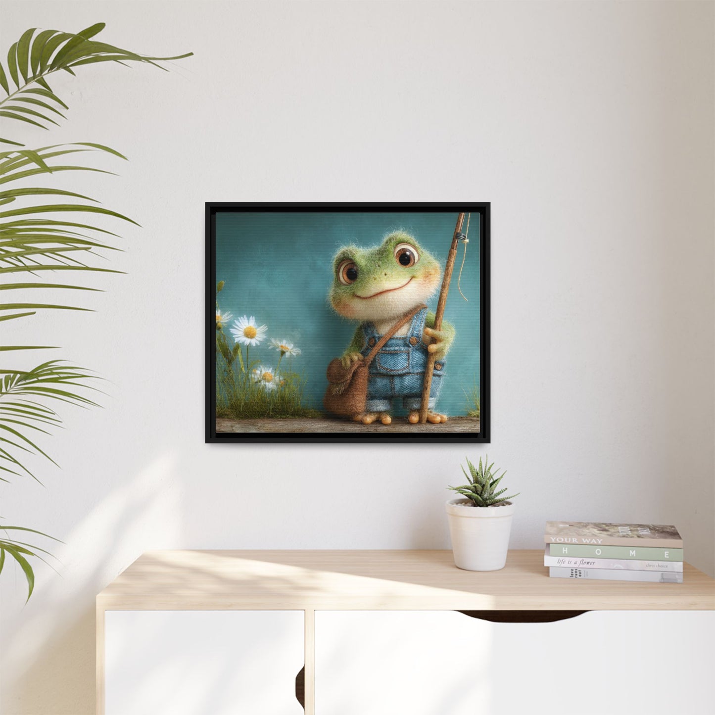 Funny Frog in a Jeans Framed Canvas Wall Art