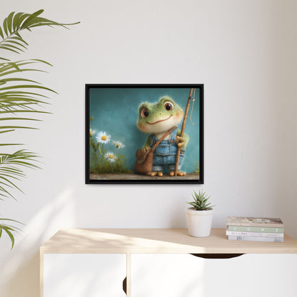 Funny Frog in a Jeans Framed Canvas Wall Art