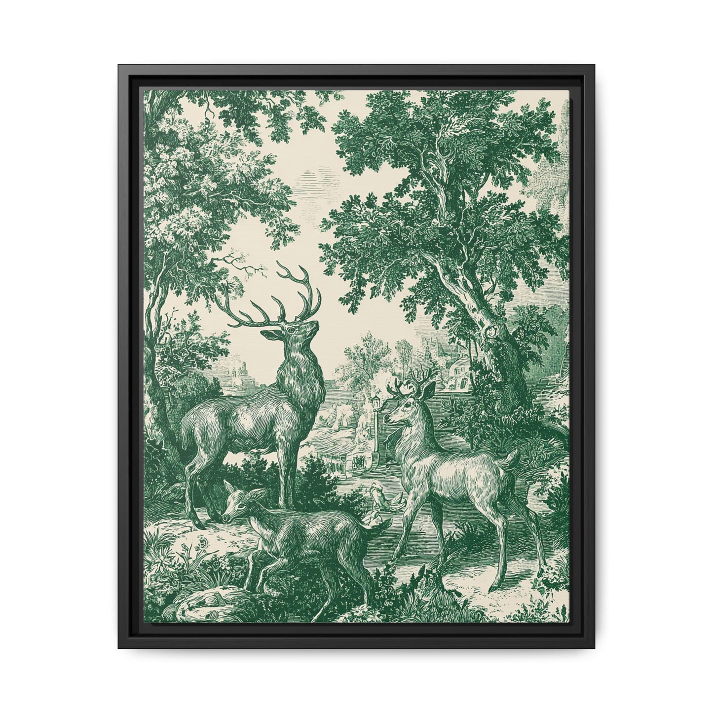 Deer Wildlife Green Toile de Jouy Framed Canvas Wall Art