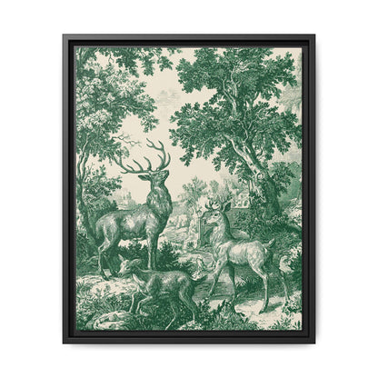 Deer Wildlife Green Toile de Jouy Framed Canvas Wall Art