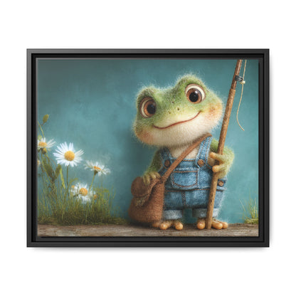 Funny Frog in a Jeans Framed Canvas Wall Art