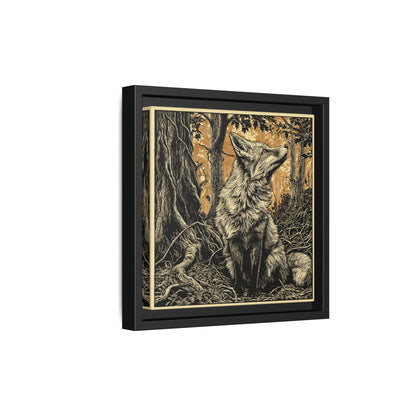 Fox Linoprint Square Framed Canvas Wall Art