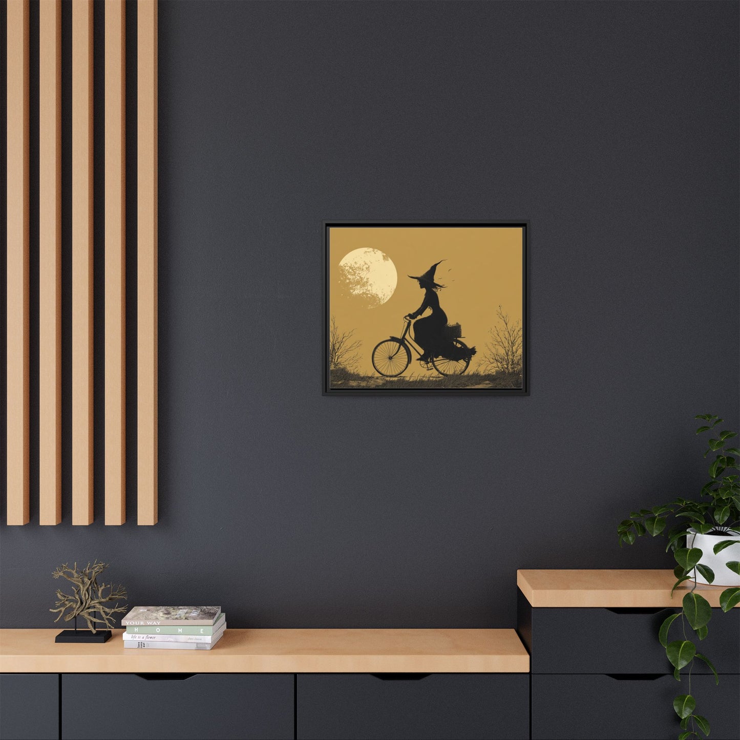 Witch on Bicycle Framed Canvas Wall Art