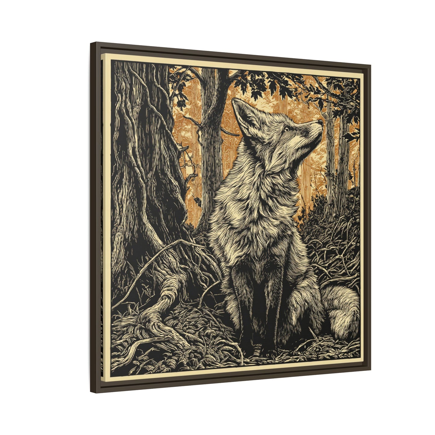 Fox Linoprint Square Framed Canvas Wall Art