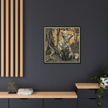 Fox Linoprint Square Framed Canvas Wall Art