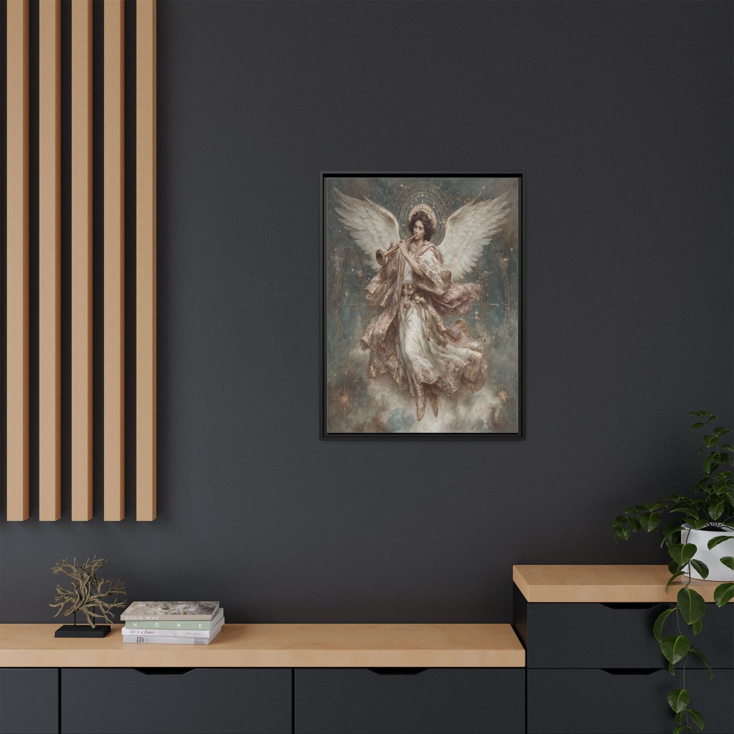Archangel Playing Trumpet Framed Canvas Wall Art