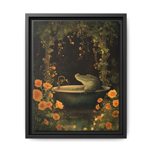 Funny Crocodile on Tub Framed Canvas Wall Art
