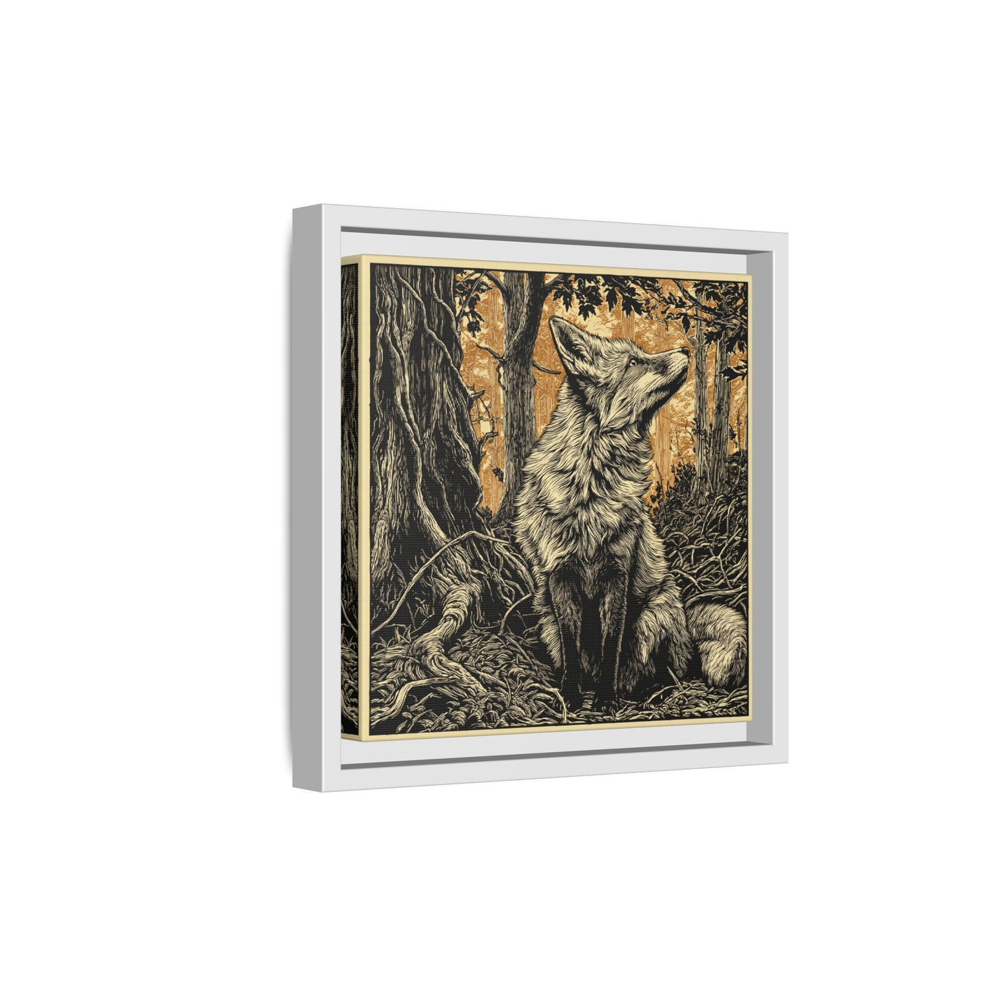 Fox Linoprint Square Framed Canvas Wall Art