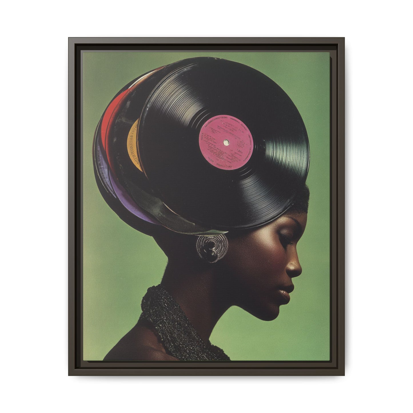 Vinyl Records Black Woman Framed Canvas Wall Art