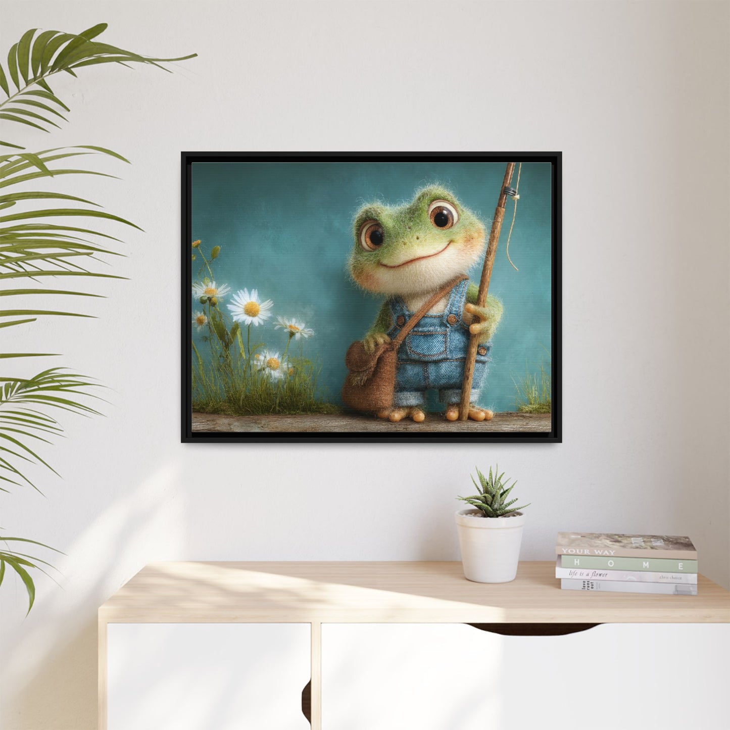 Funny Frog in a Jeans Framed Canvas Wall Art