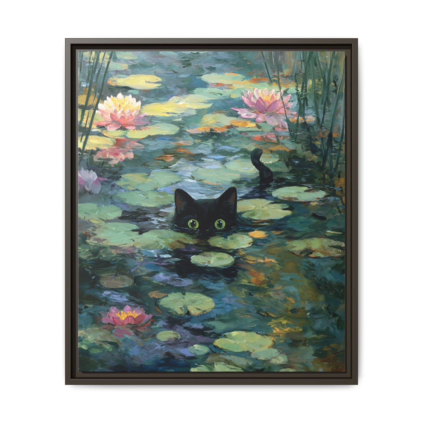 Monet Cat on Lake Framed Canvas Wall Art