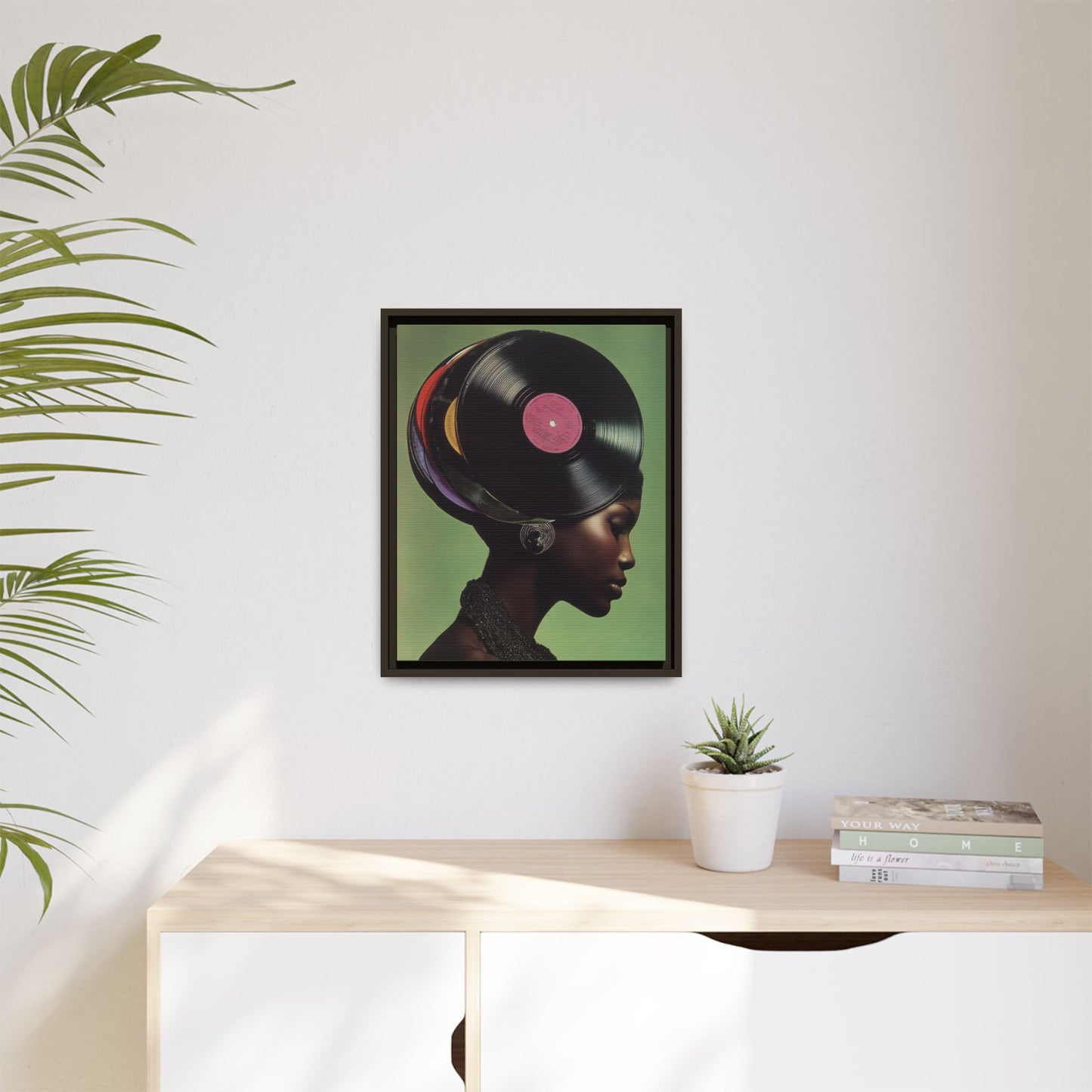 Vinyl Records Black Woman Framed Canvas Wall Art