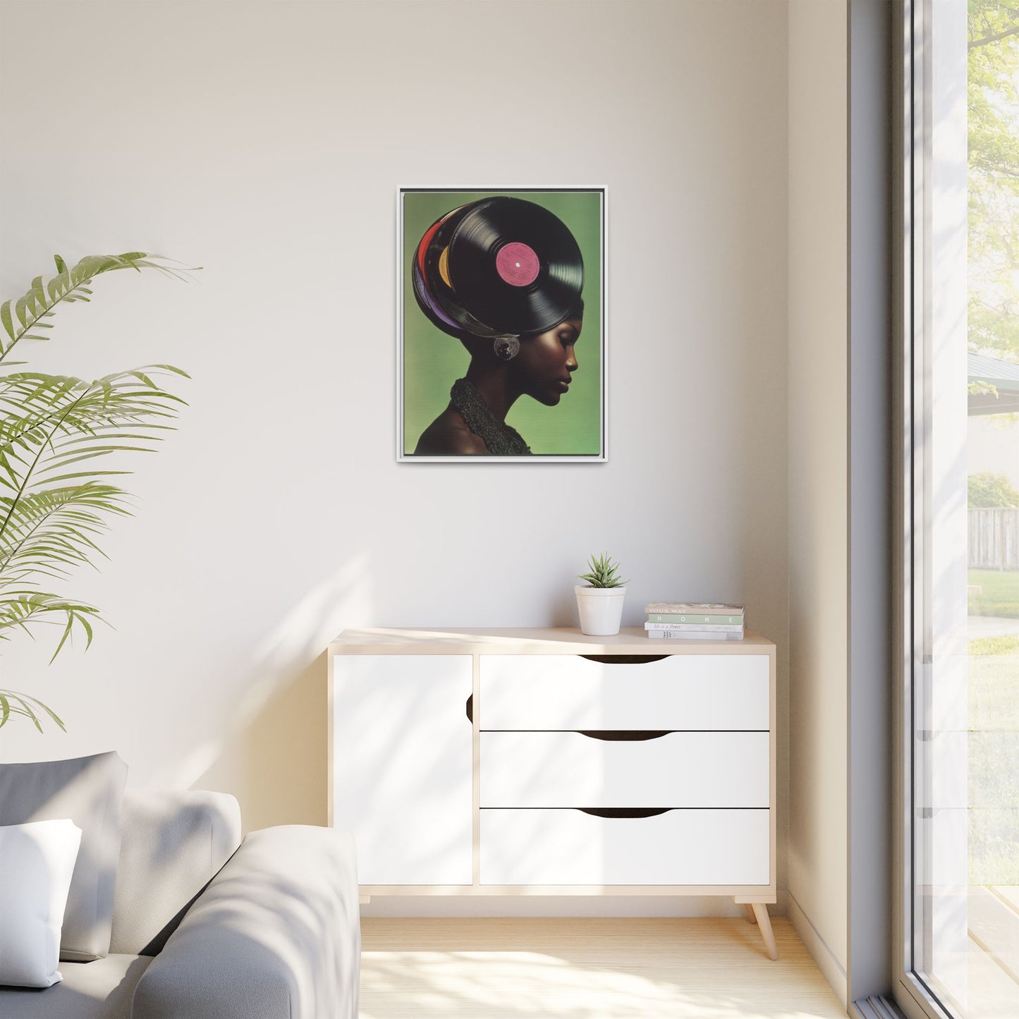 Vinyl Records Black Woman Framed Canvas Wall Art