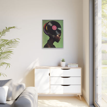 Vinyl Records Black Woman Framed Canvas Wall Art