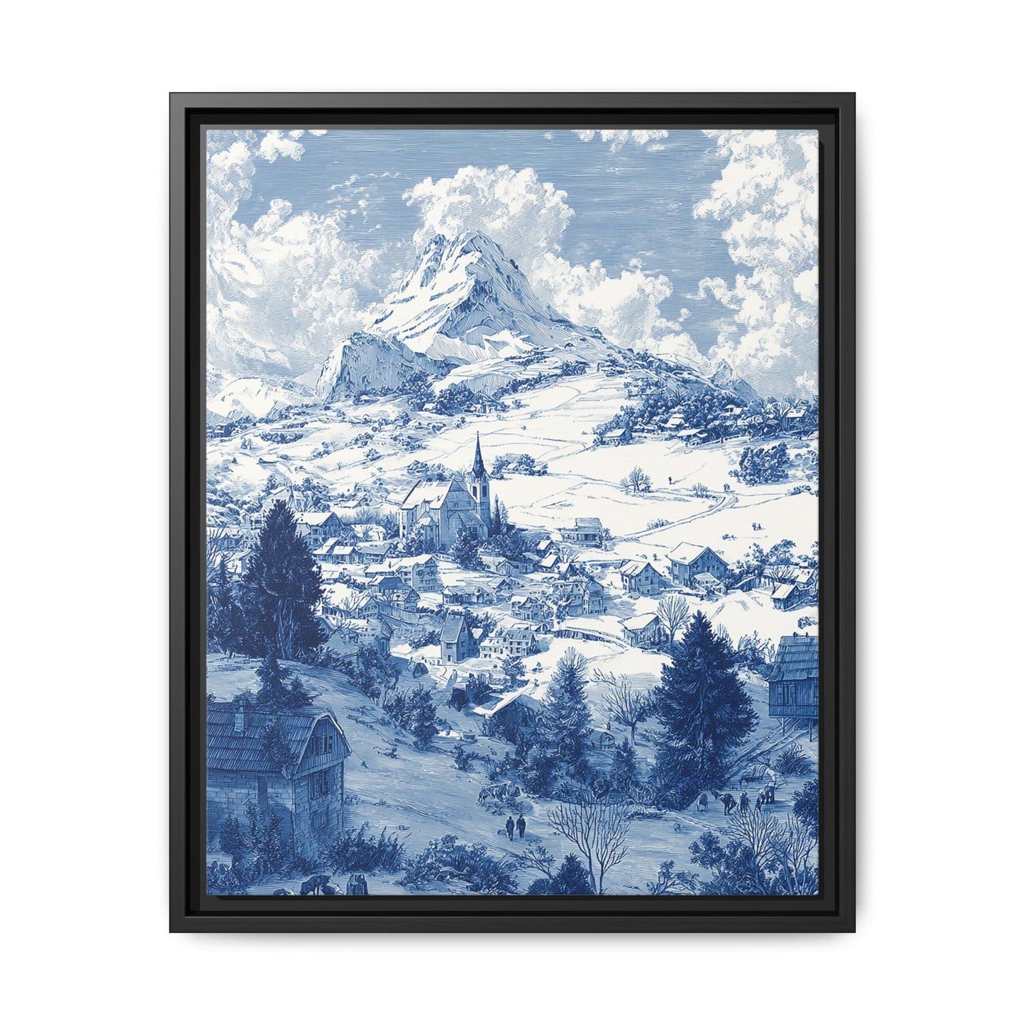 Countryside Blue Toile de Jouy Framed Canvas Wall Art