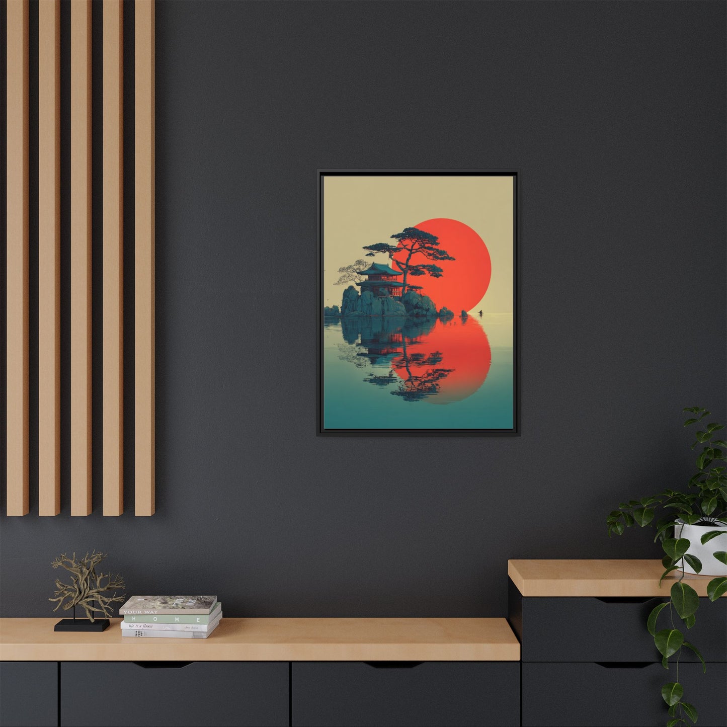 Red Moon Coastal Japandi Art Framed Canvas Wall Art