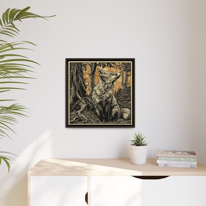 Fox Linoprint Square Framed Canvas Wall Art