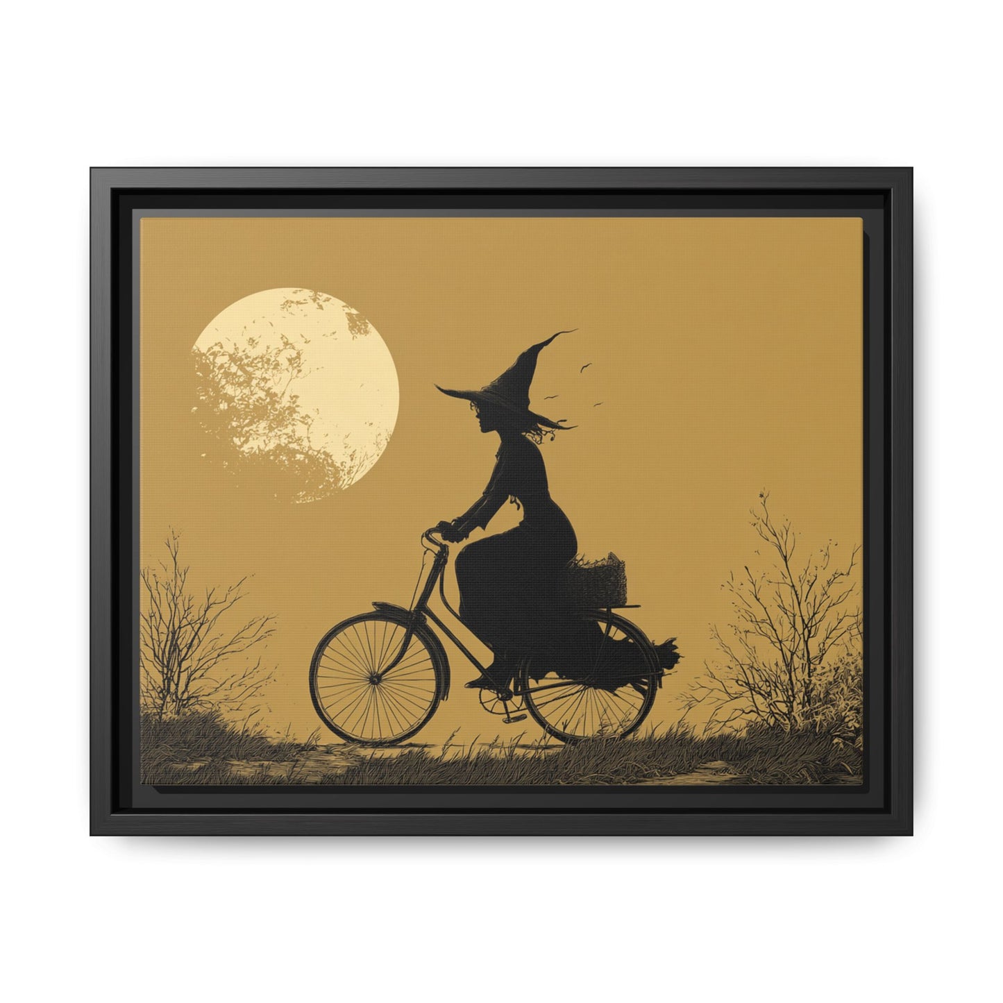 Witch on Bicycle Framed Canvas Wall Art
