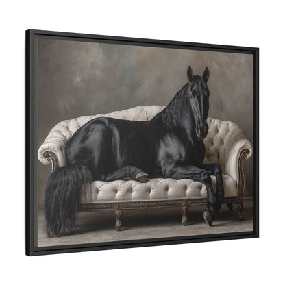 Funny Horse Lounging On Sofa Framed Canvas Wall Art