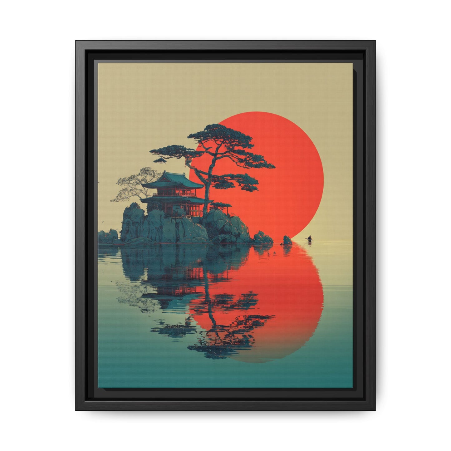 Red Moon Coastal Japandi Art Framed Canvas Wall Art