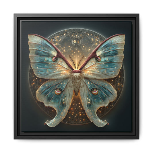 Luna Moth Square Framed Canvas wall art featuring detailed luna moth illustration on premium coated canvas with black sustainable wood frame