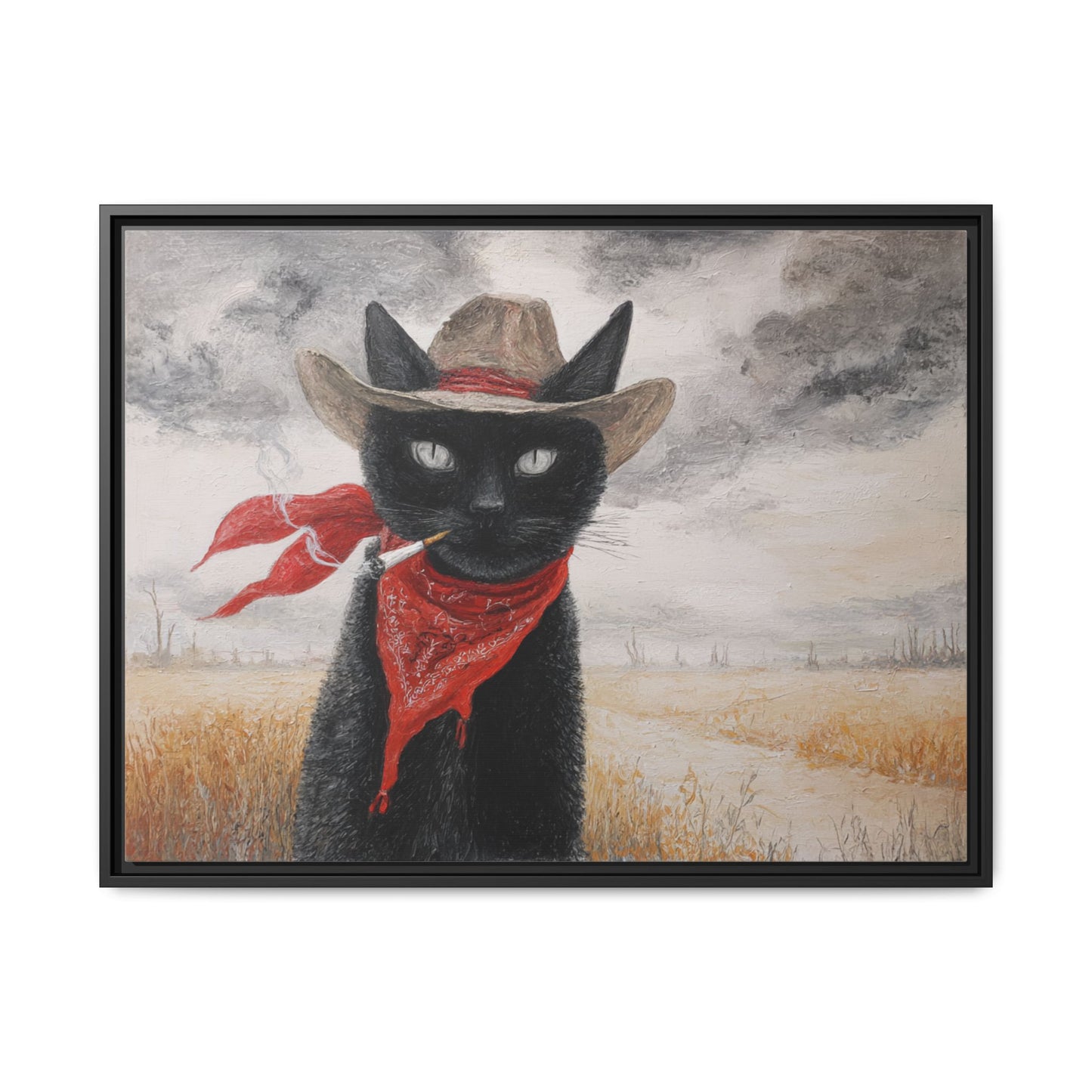 Western Cat Smoking Framed Canvas Wall Art