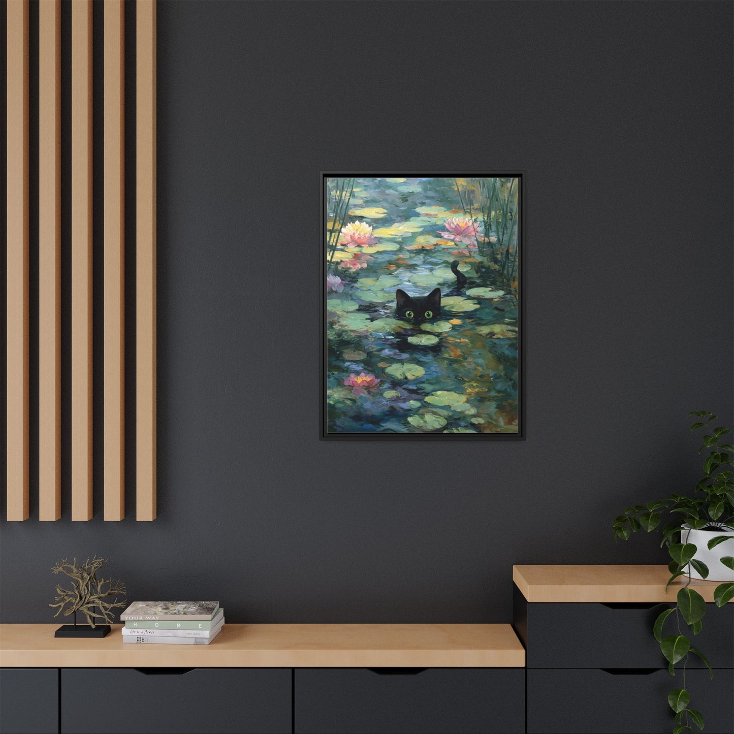 Monet Cat on Lake Framed Canvas Wall Art