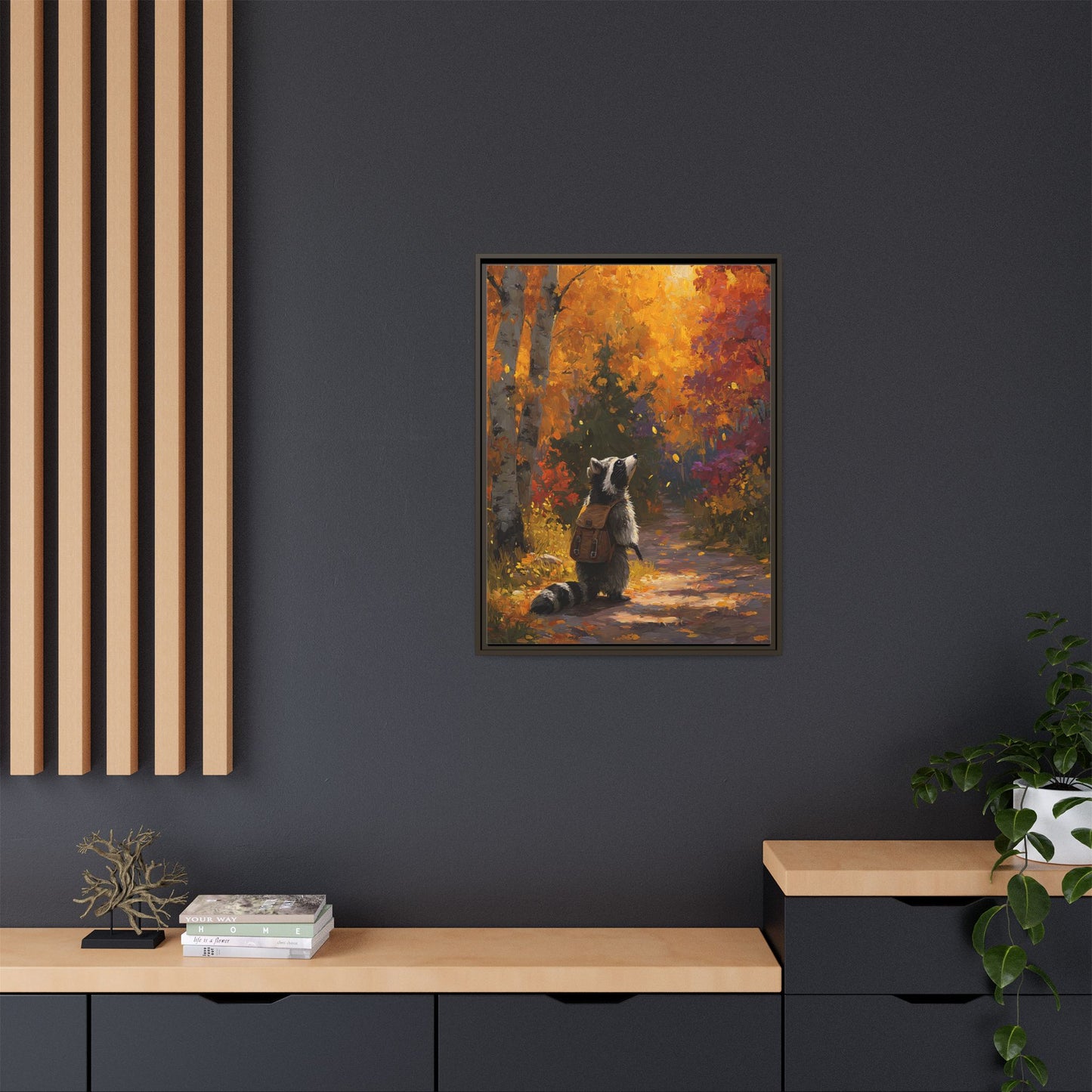 Autumn Raccoon Framed Canvas Wall Art