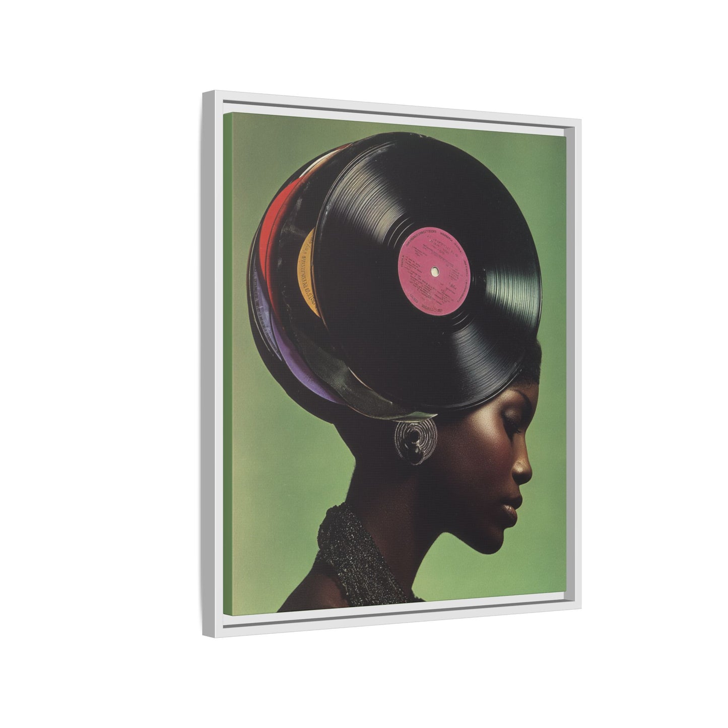 Vinyl Records Black Woman Framed Canvas Wall Art