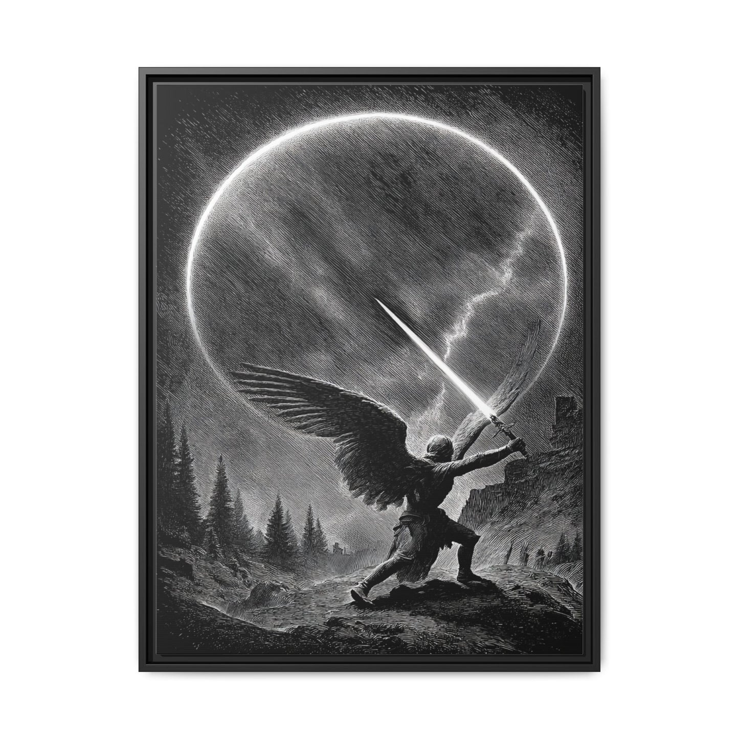 Warrior Angel Black White Framed Canvas Wall Art