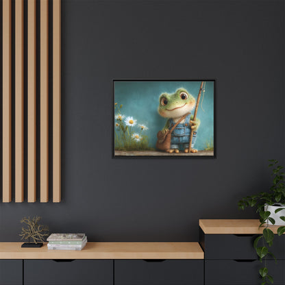 Funny Frog in a Jeans Framed Canvas Wall Art