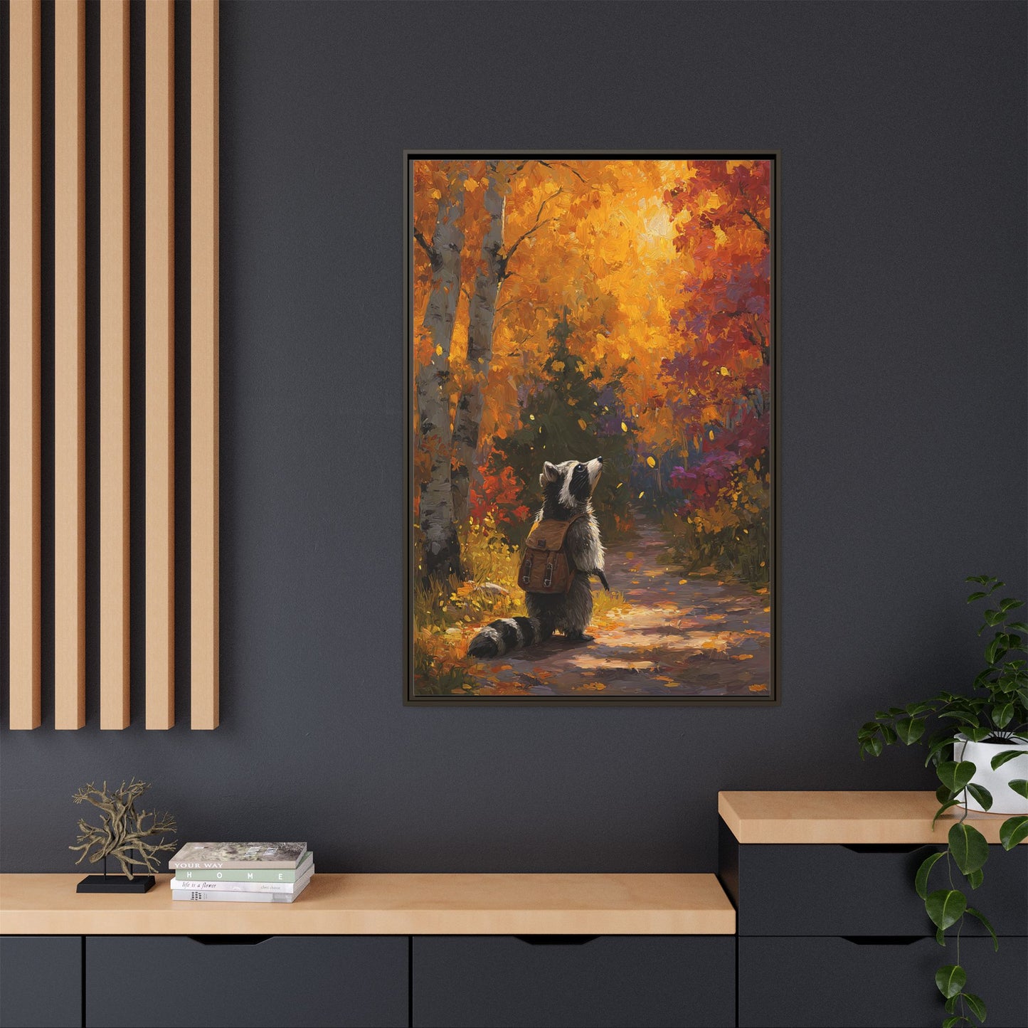 Autumn Raccoon Framed Canvas Wall Art