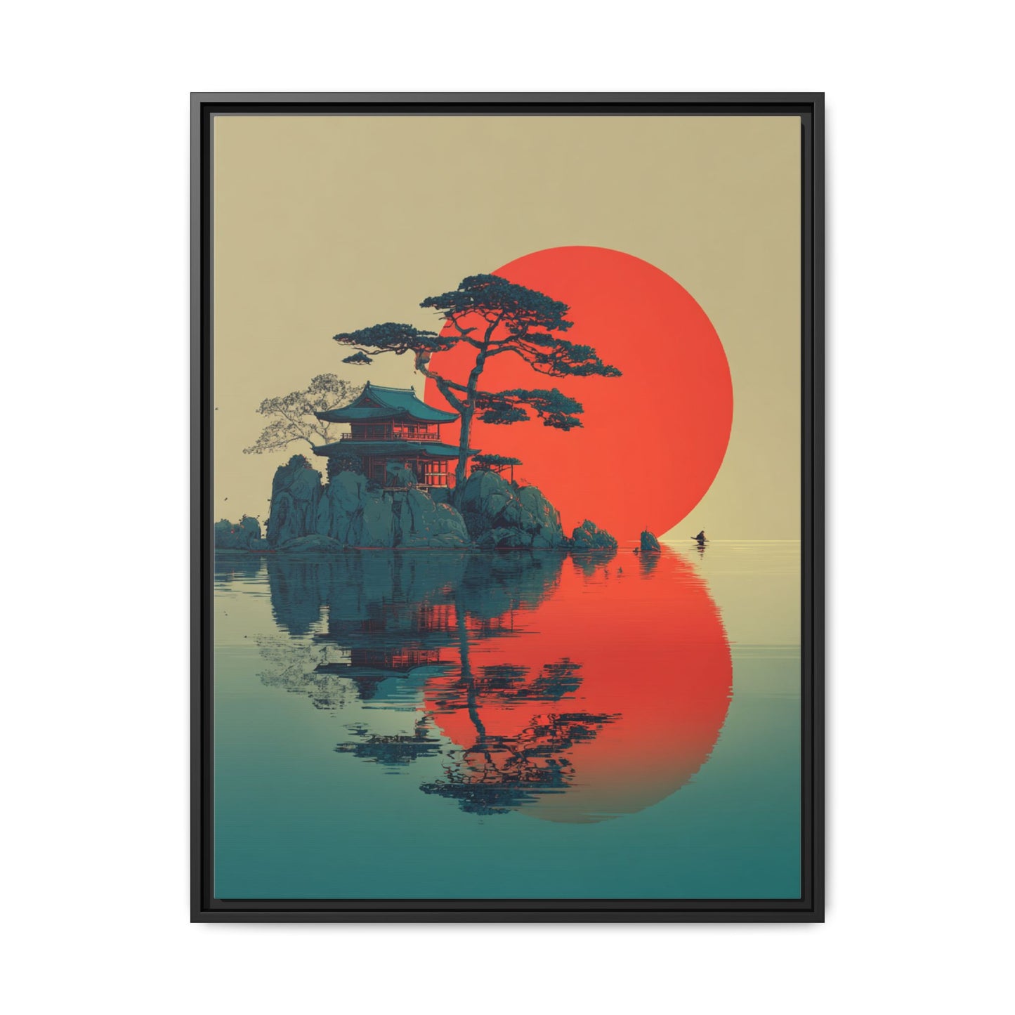 Red Moon Coastal Japandi Art Framed Canvas Wall Art