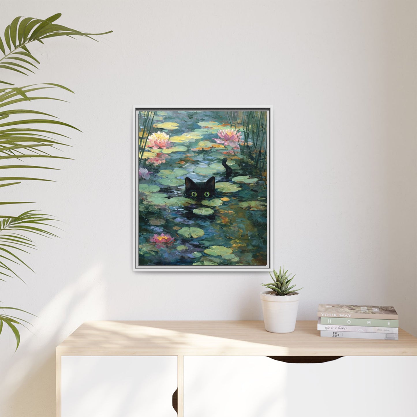 Monet Cat on Lake Framed Canvas Wall Art