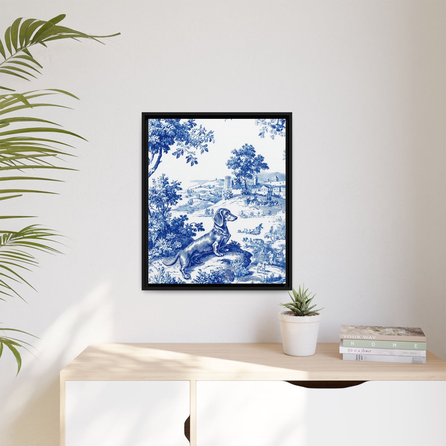 Dachshund Toile Abstract Framed Canvas Wall Art