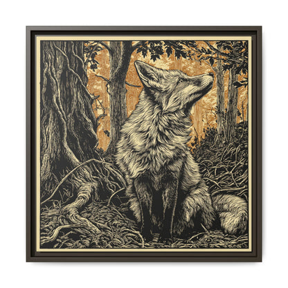 Fox Linoprint Square Framed Canvas Wall Art